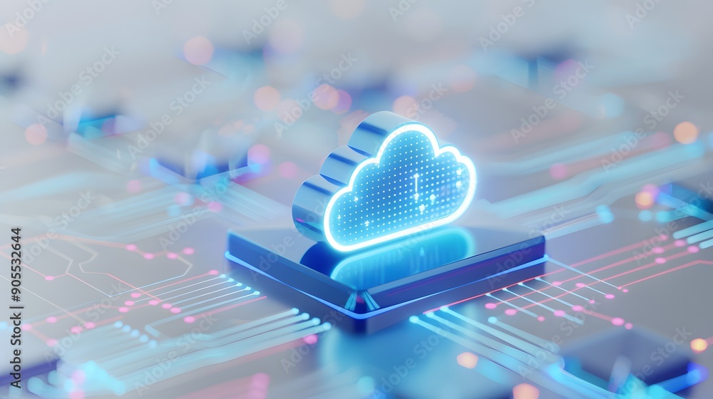 Poster 3d illustration of a glowing cloud icon on a futuristic digital circuit background representing clou