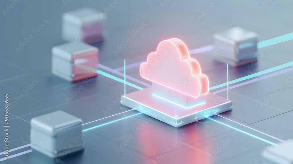 Poster 3d illustration of a glowing cloud icon representing cloud computing and network connectivity on a f