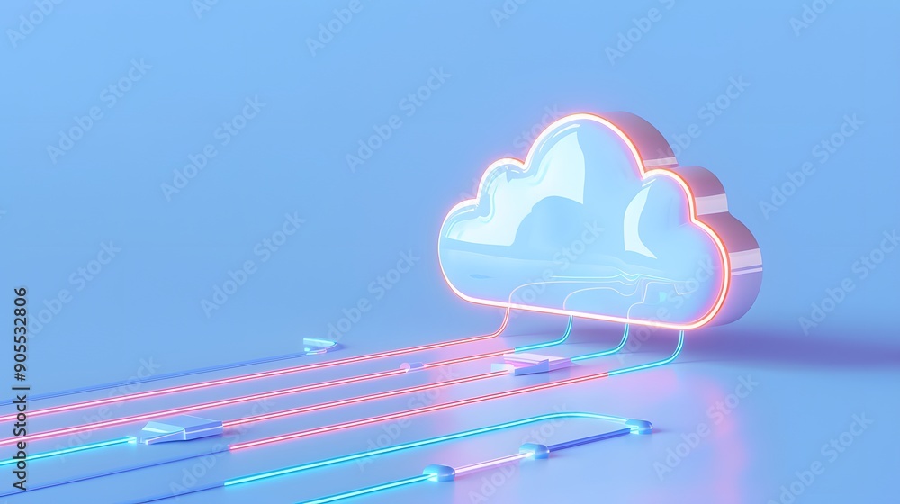 Poster 3d illustration of a glowing cloud icon with connected lines. concept of cloud computing, data stora