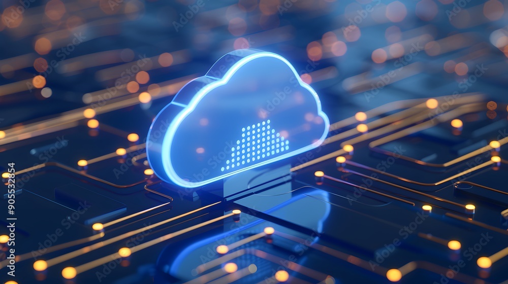 Poster 3d illustration of a glowing cloud symbol on a digital circuit board representing cloud computing an
