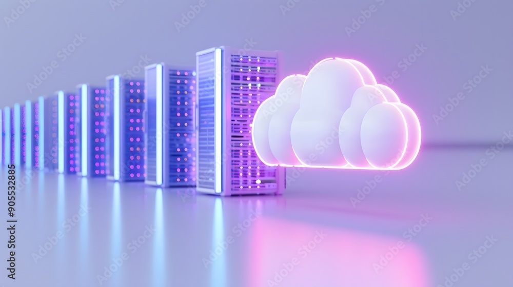 Poster 3d illustration of a neon cloud hovering over a row of illuminated server racks, representing cloud 