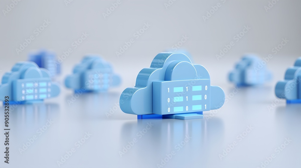 Poster 3d illustration of blue cloud computing icons on a white background representing data storage and te