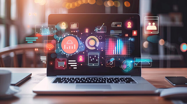 A laptop is surrounded by digital marketing tools like graphs and social media icons