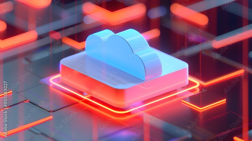 Poster 3d illustration of cloud computing architecture with neon lights, symbolizing data storage, networki