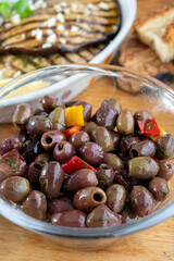 Pickled and marinated olives Ligurian style, tasty Italian starters, antipasti, tapas
