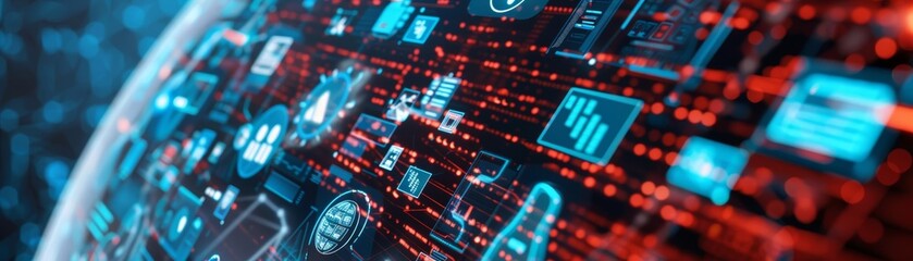 Fototapeta premium High-tech digital globe with news icons, vivid blue and red colors, breaking news studio backdrop