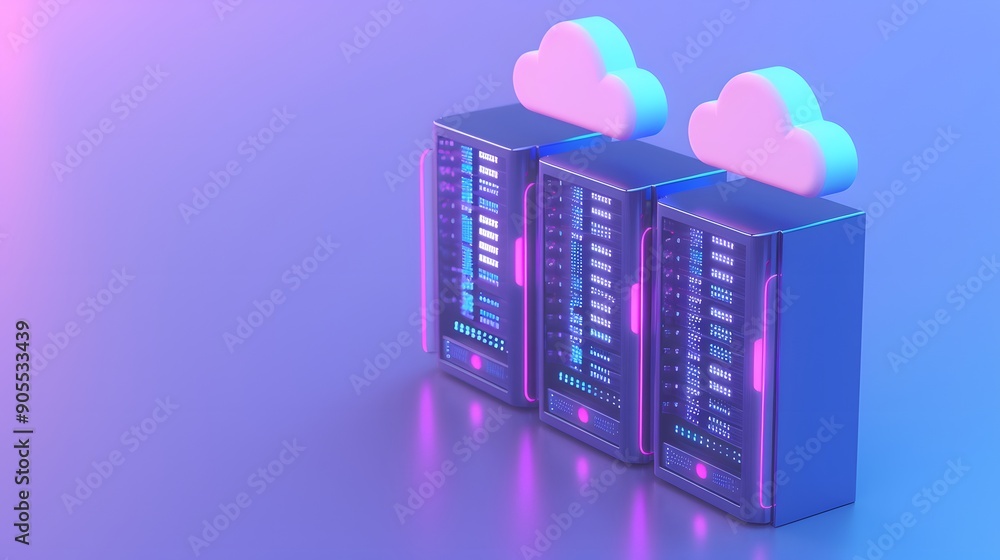 Poster 3d illustration of cloud computing server racks in neon light. concept of digital data storage and n