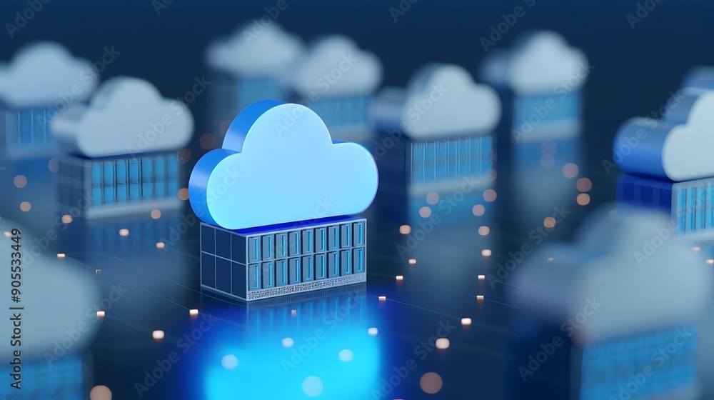 Poster 3d illustration of cloud computing servers standing in rows, representing data storage and online se