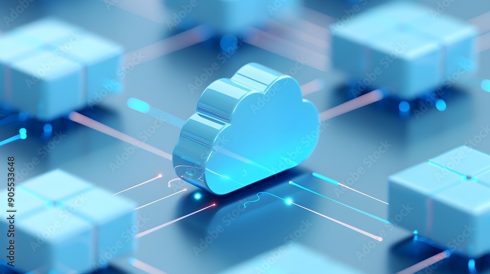 Poster 3d illustration of cloud computing technology concept with interconnected cloud and data blocks, rep