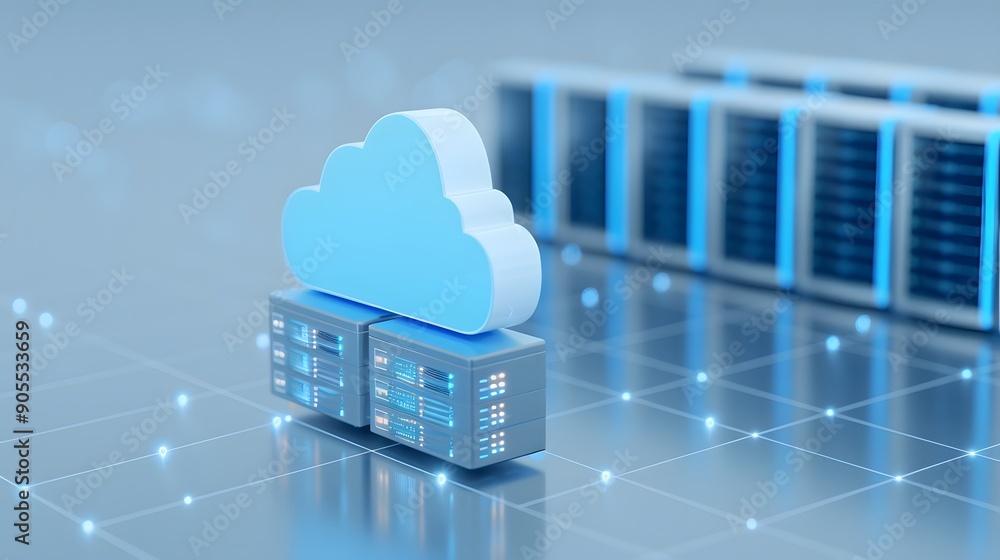Poster 3d illustration of cloud computing technology concept with servers in the background, representing d