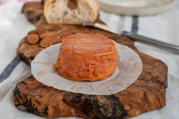 Rond des Vignes washed-rind cheese with.ivory-orange rind, strong nose with aromas, French soft cheese with orange rind