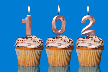Birthday Cupcakes With Candles Lit Forming The Number 102.