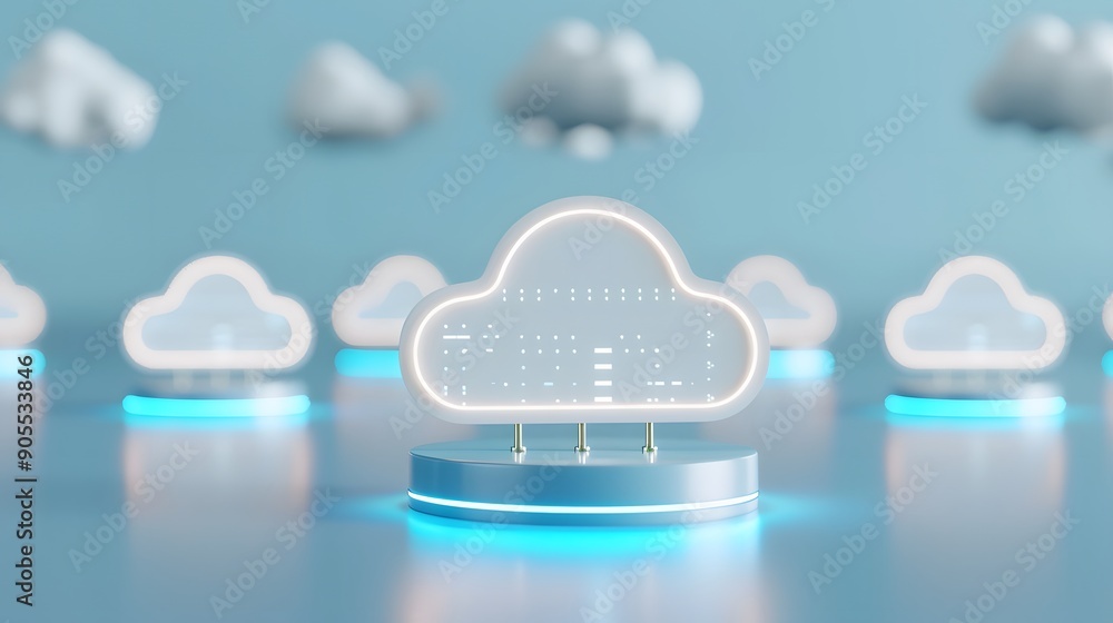 Poster 3d illustration of cloud computing technology with digital data storage, showcasing futuristic netwo