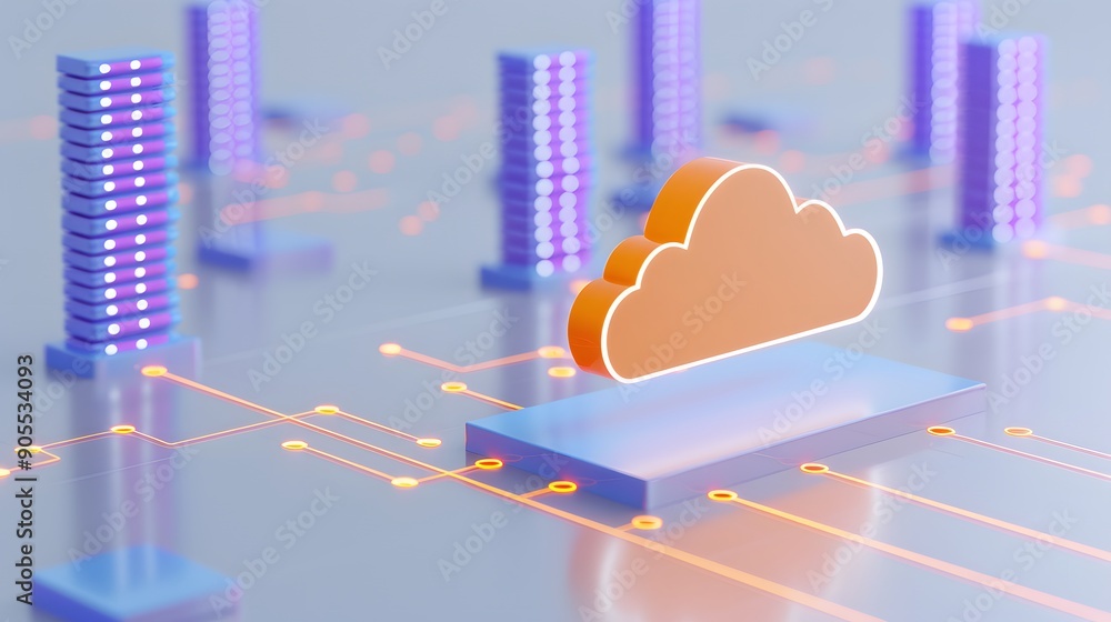 Poster 3d illustration of data cloud computing graphic with neon-lit servers, representing modern digital t