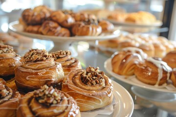 A tempting display of freshly baked pastries in a bakery, showcasing a variety of sweet treats.