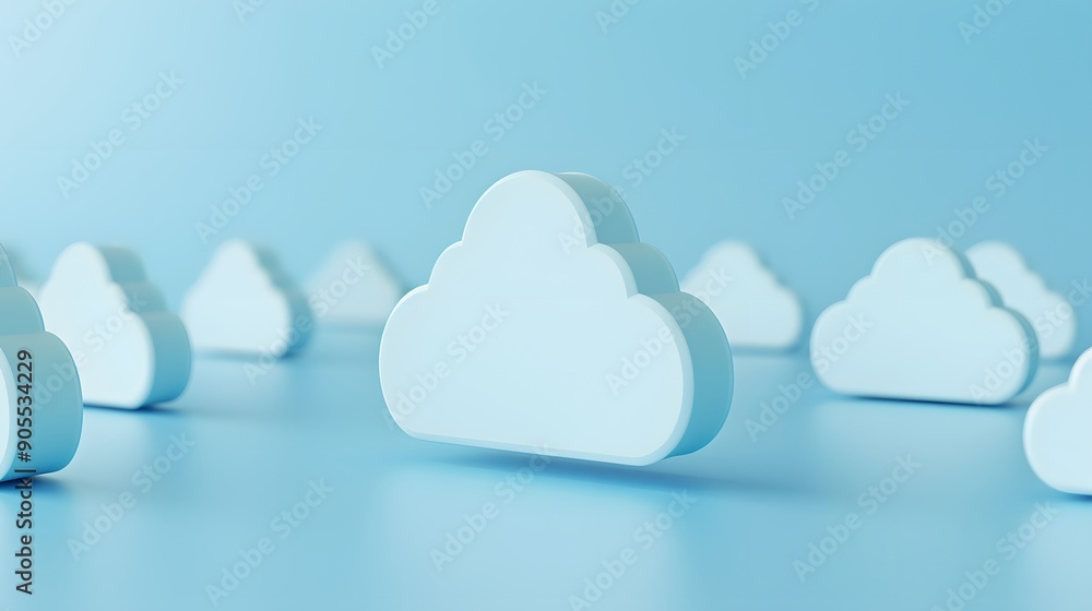 Poster 3d illustration of minimalistic cloud shapes on a blue background. concept of cloud computing and da