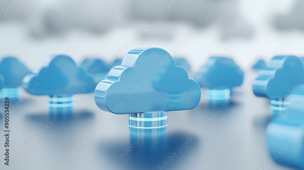 Poster 3d illustration of multiple blue cloud icons representing cloud computing, data storage, and technol