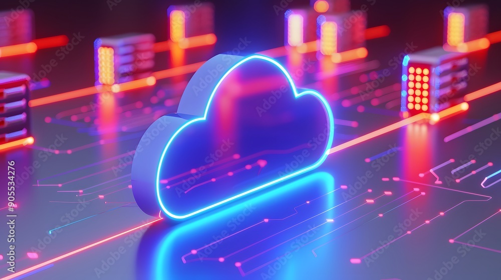 Poster 3d illustration of neon cloud computing concept. digital data storage and technology infrastructure 