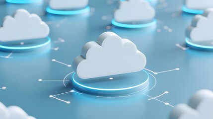 3D illustration of multiple cloud icons with a futuristic design symbolizing cloud computing and technology connectivity.