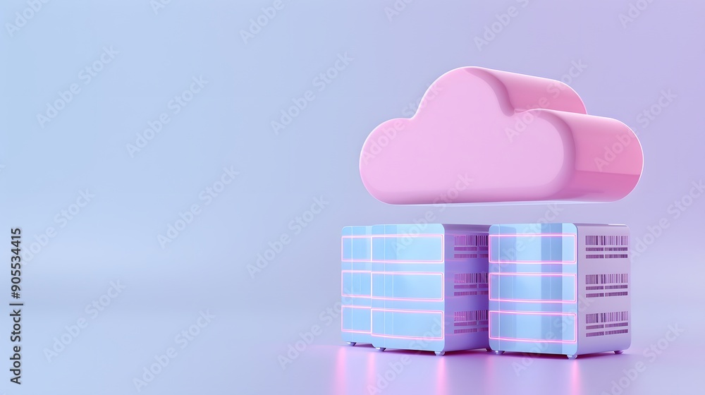 Poster 3d pink cloud above two data servers, representing cloud computing and data storage. minimalist, blu