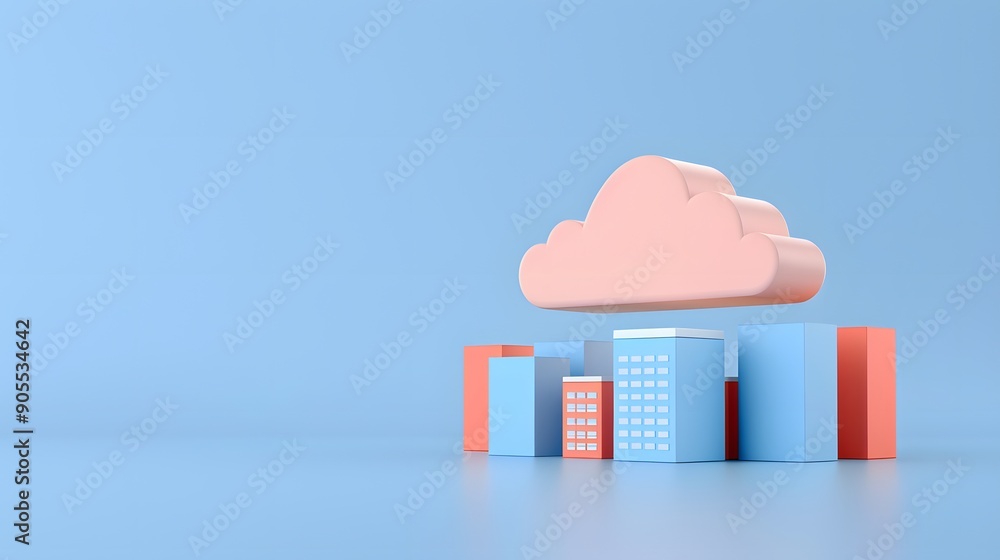 Poster 3d render of a pink cloud hovering over colorful cube buildings, symbolizing cloud computing and urb