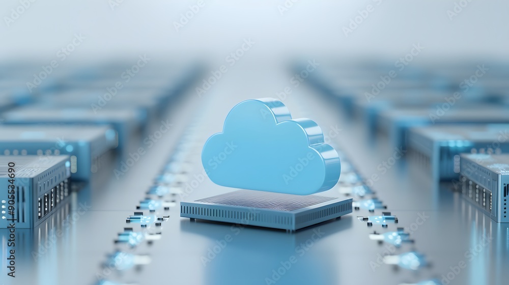 Poster 3d render of cloud computing technology in a data center. illustration of server, storage, and netwo