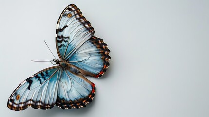 A vibrant blue butterfly with intricate markings, wings spread wide, isolated on a white background.