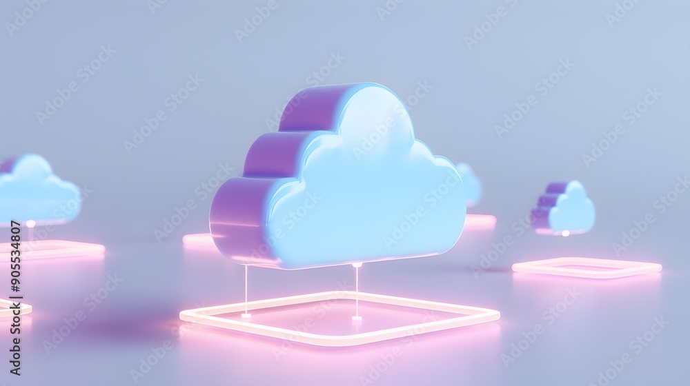 Aufkleber 3d render of cloud icons with neon lights, representing cloud computing and digital storage in a fut