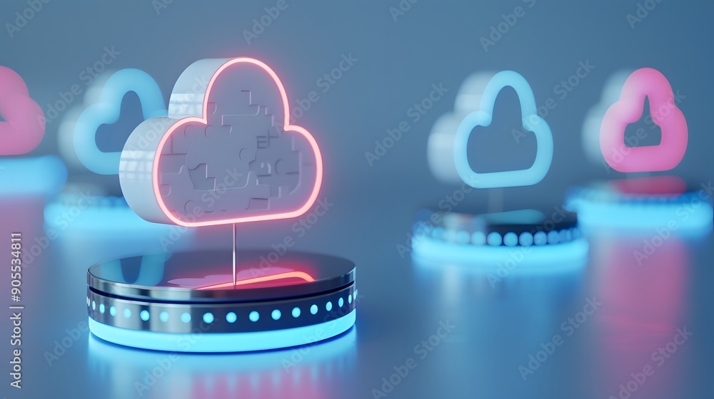 Poster 3d render of cloud storage symbols with neon lights, representing data, technology, and cloud comput