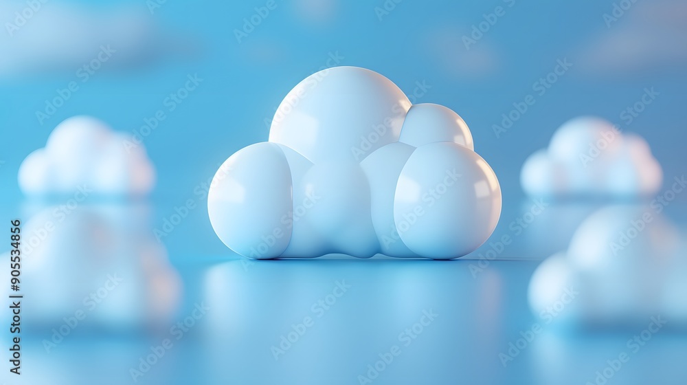 Poster 3d render of white cloud shapes against a blue background, representing cloud computing, data storag