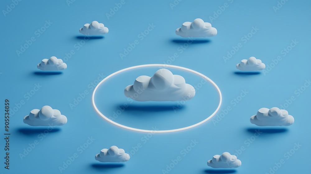 Poster 3d render of multiple clouds on a bright blue background with one cloud highlighted in a circular ri