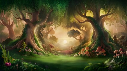 Fototapeta premium A beautiful fairytale enchanted forest with big trees and great vegetation. Background digital painting