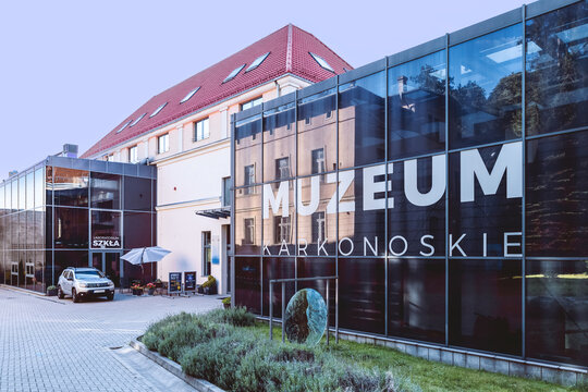 Jelenia Gora, Poland - July 30, 2024. Glass buildings of the Karkonoskie Museum in the Old Town district.