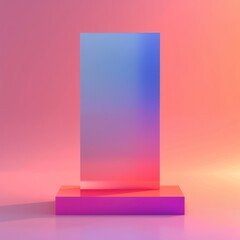 A vibrant iridescent glass prism sits atop a pink platform, bathed in soft pink and orange light.