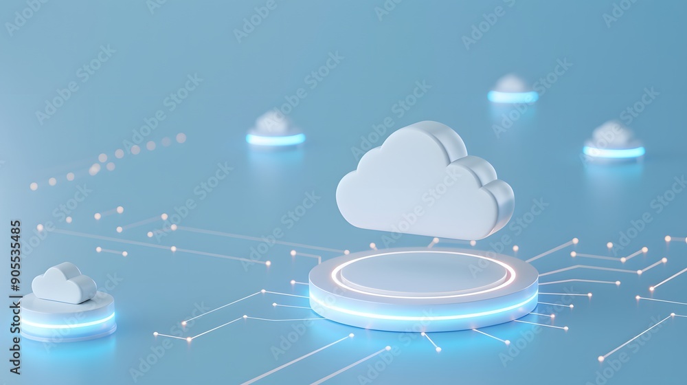 Poster 3d rendering of cloud computing and storage technology. cloud icons are interconnected on a futurist
