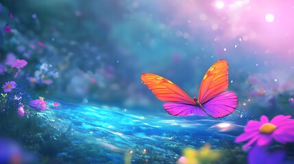 A vibrant butterfly with orange and pink wings flutters over a serene, colorful landscape filled with flowers and sparkling light.