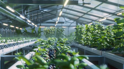 Rows of vibrant blueberry plants flourish in a contemporary greenhouse under bright, natural light.