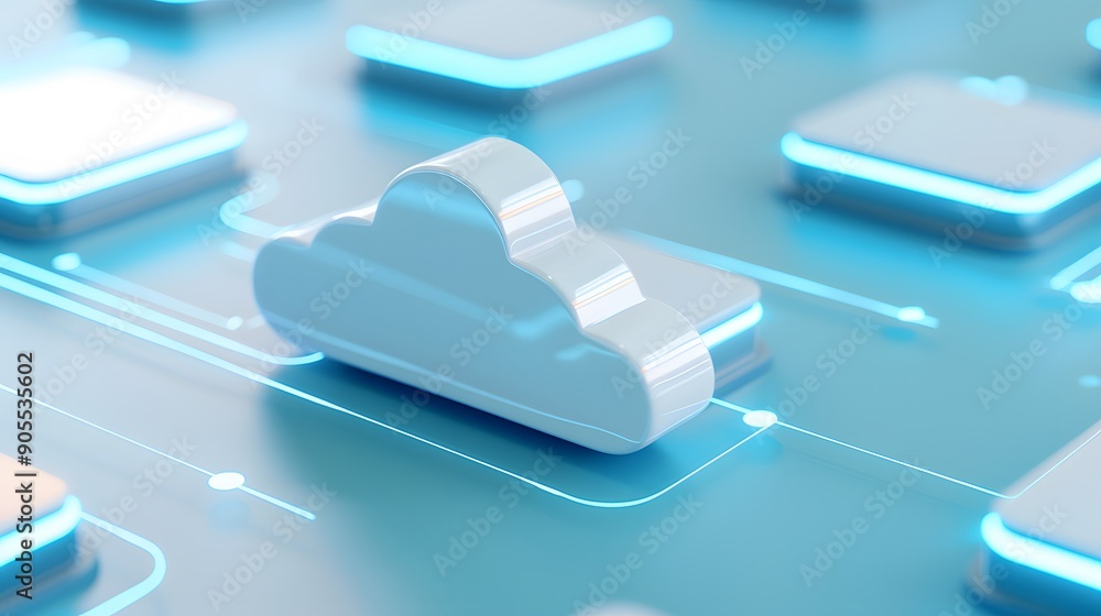 Poster 3d rendering of cloud computing icons against a futuristic digital background, representing data sto