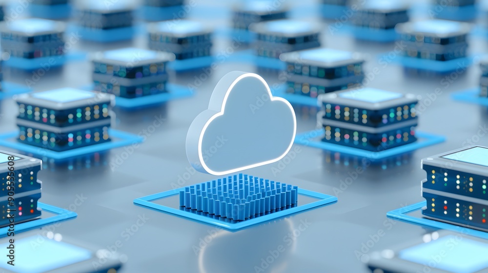Poster 3d rendering of cloud computing network, showing servers and data storage in a futuristic technology