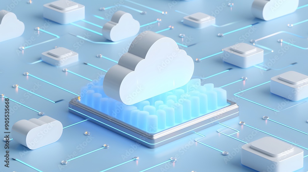 Poster 3d rendering of cloud computing technology with interconnected digital devices and data transfer, il