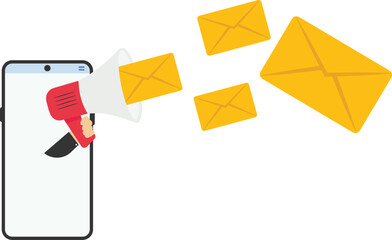 Man on smartphone using megaphone to send flying email newsletter online. Email marketing campaign, subscription newsletter or online announcement to customer, digital advertising.


