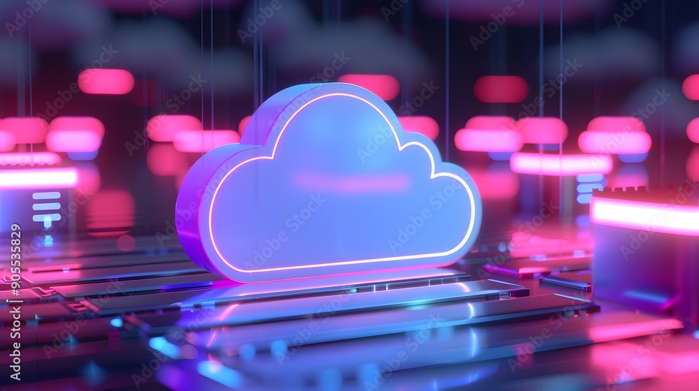 Poster 3d rendering of neon cloud computing symbol with futuristic technology background, depicting digital