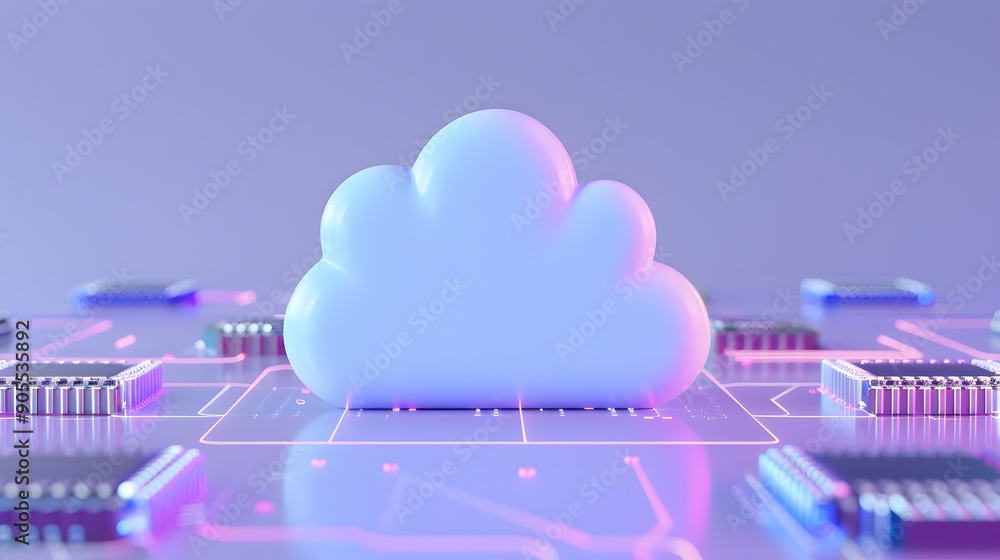 Poster a 3d rendering of a cloud symbol on a circuit board, representing cloud computing technology and dat