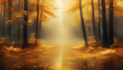 Fototapeta premium Enigmatic, vibrant autumn landscape, golden foliage reflecting in tranquil lake, ideal for wellness, interior design, nature-inspired projects, copy space available.