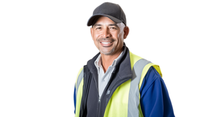 Smiling portrait of a male supervisor in uniform on transparent background.