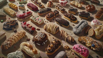 Fototapeta premium Diverse collection gourmet eclairs with various toppings decorations displayed on light brown surface. Each eclair features unique flavors intricate designs, variety, craftsmanship in pastry making.