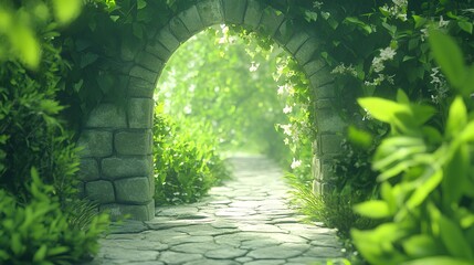 Sunlit garden archway over a cobblestone path surrounded by lush green foliage