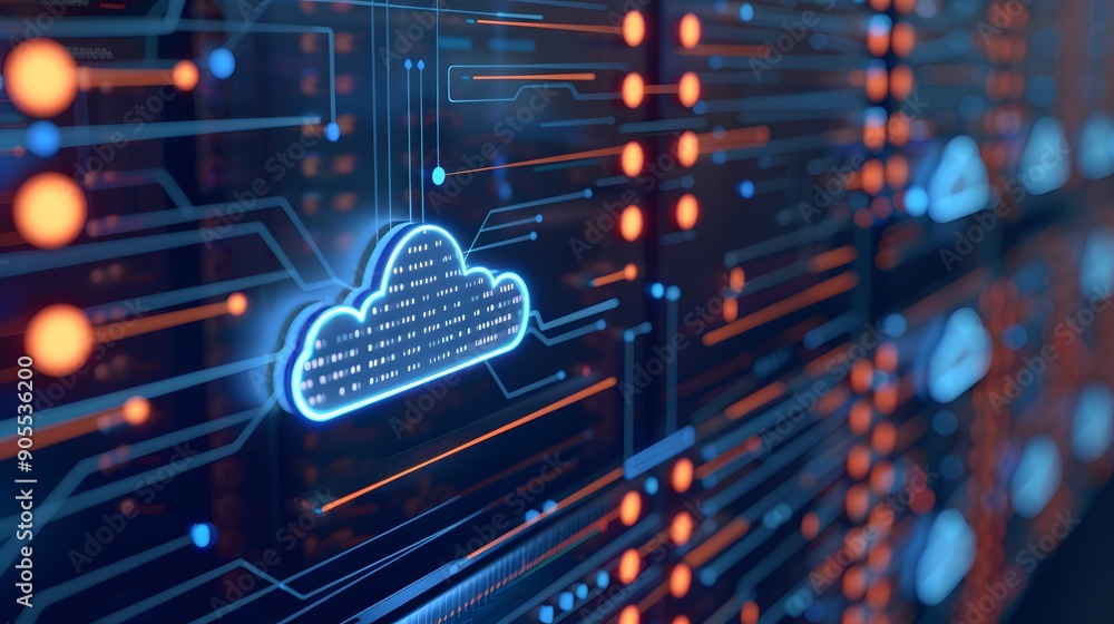 Poster a digital cloud icon on a server board representing cloud computing technology and data storage solu