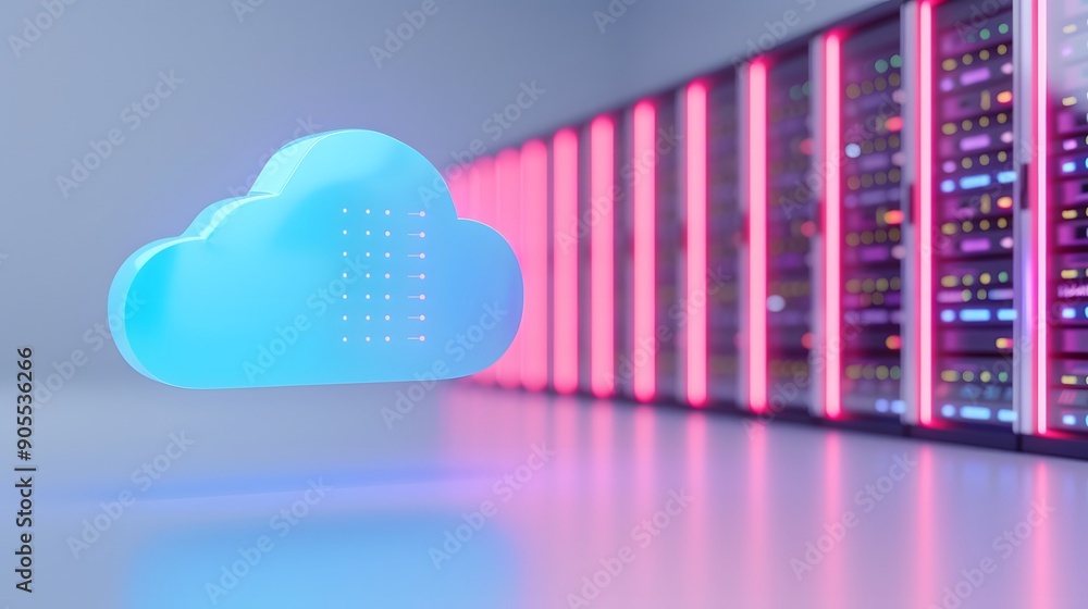 Poster a digital illustration of a blue cloud symbol near server racks, representing cloud computing and da