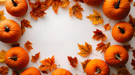 Vibrant autumn landscape with scattered golden leaves and pumpkins, ideal for seasonal marketing, educational materials, and festive promotions. Copy space available.